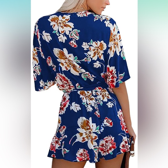 Summer blue and floral v-neck short romper half flare sleeve jumpsuit waist tie - Picture 2 of 16